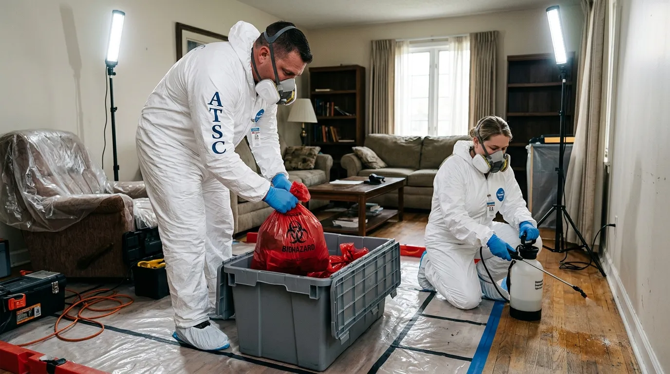 Professional Hoarding Cleanup technician in full PPE working in Glendale